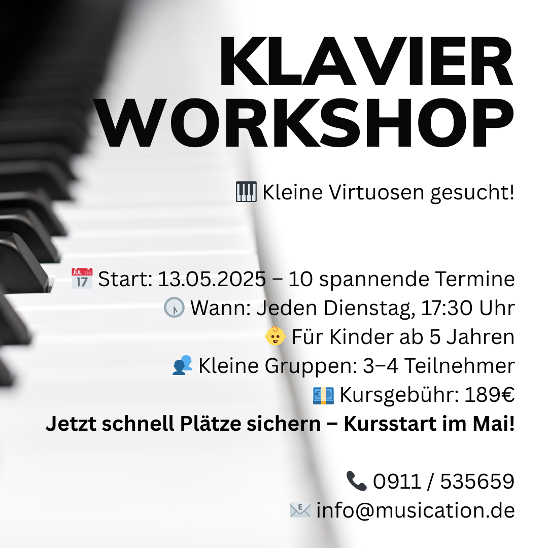 🎹 Kleine Virtuosen gesucht! 🎶 Dein Kind liebt Musik Dann ist unser Klavier-Workshop genau das Richtige! 📅 Start 13.05.2025 – 10 spannende Termine 🕠 Wann Jeden Dienstag, 1730 Uhr 👶 Für Kinder